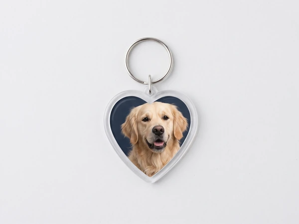 Heart keychain with a photo of a golden retriever against a navy background