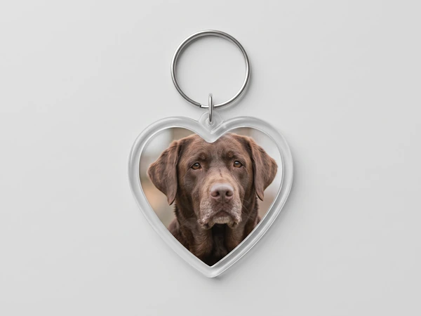 Heart keychain with a photo of a chocolate Labrador