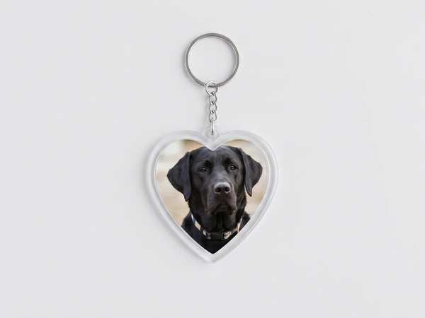 Heart keychain on a chain with a photo of a black Labrador in a collar