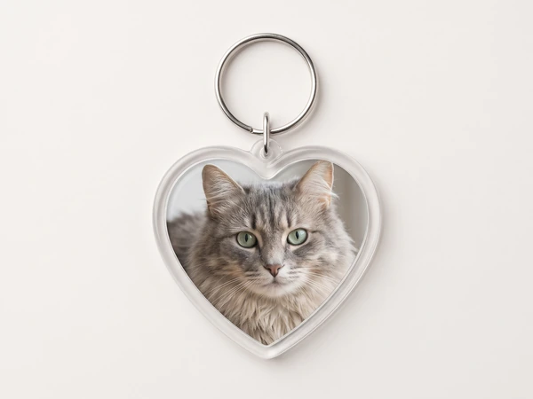 Heart keychain with a photo of a long-haired gray tabby cat