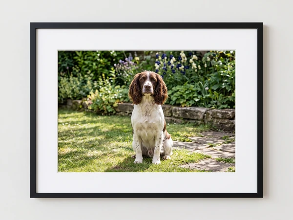 Black framed print of a springer spaniel sitting in a garden