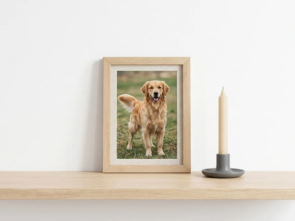Small oak framed print of a golden retriever on a shelf beside a candle