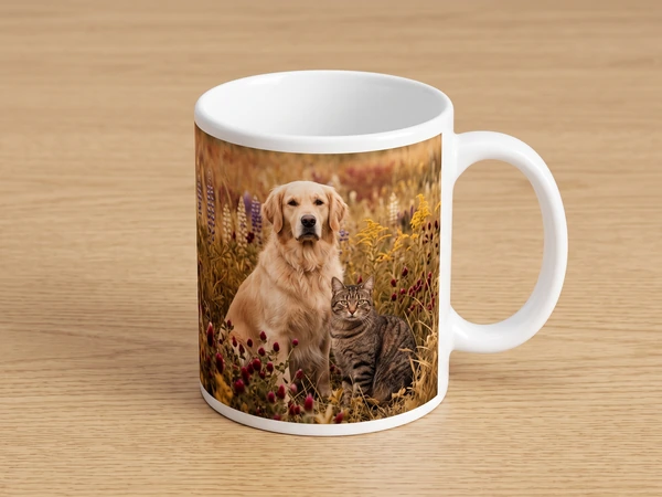 Photo mug printed with a golden retriever and a tabby cat in an autumn meadow