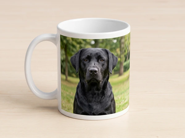 Photo mug printed with a black Labrador sitting on a lawn