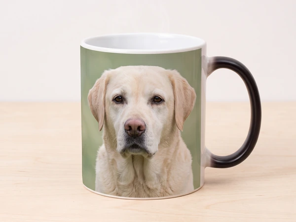 Magic mug with a black handle printed with a cream Labrador against green