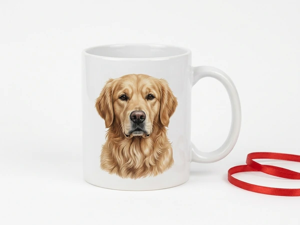 Photo mug printed with a golden retriever portrait, beside a red ribbon