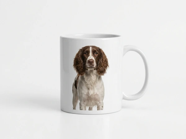 Photo mug printed with a springer spaniel facing the camera