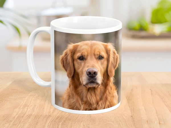 Photo mug printed with a golden retriever portrait on a kitchen counter