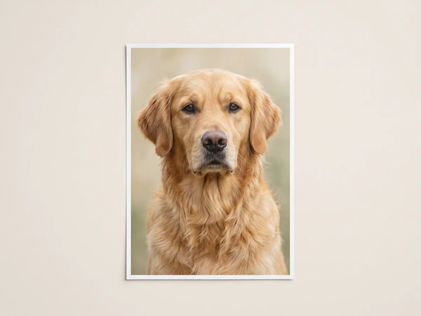 Portrait poster of a golden retriever on a warm beige wall