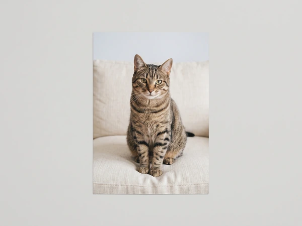 Poster of a tabby cat sitting on a cream sofa