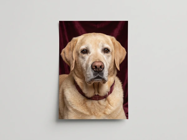 Poster of a cream Labrador in a burgundy collar against a red backdrop