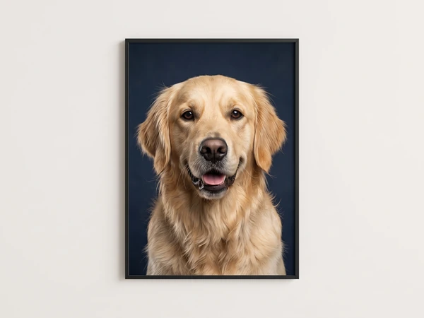 Black framed poster of a golden retriever on a navy background