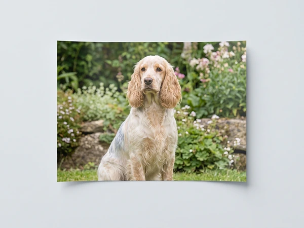 Poster of a cocker spaniel sitting in a flowering garden
