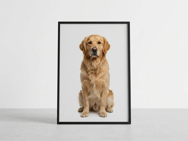 Black framed poster of a golden retriever sitting, propped on the floor