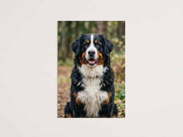 Portrait poster of a Bernese mountain dog in a forest
