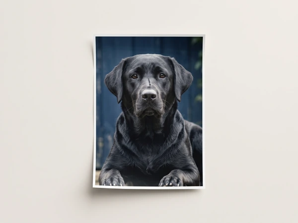 Poster of a black Labrador lying down against a dark blue background