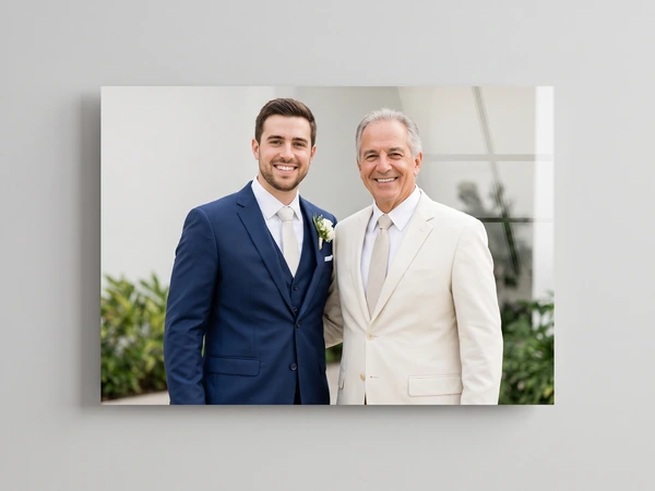 Acrylic print of a groom in a navy suit standing with his father in a cream jacket