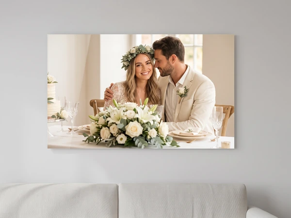 Acrylic print of a bride in a flower crown and her groom at a table with white flowers