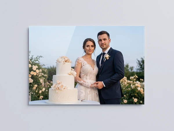 Acrylic print of a bride and groom standing beside a four-tier wedding cake