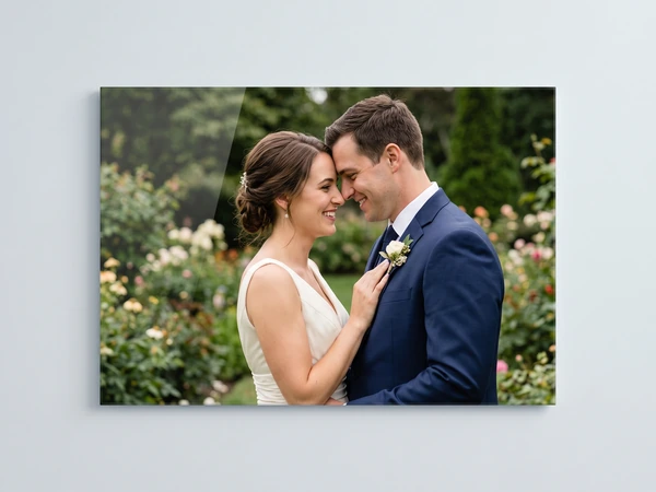 Acrylic print of a bride and groom touching foreheads in a garden