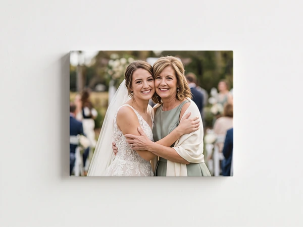 Landscape canvas print of a bride hugging her mother at an outdoor ceremony