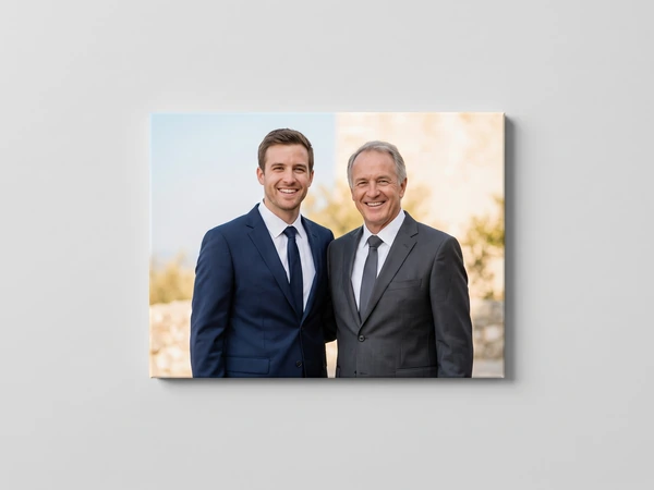 Landscape canvas print of a groom in a navy suit standing beside his father