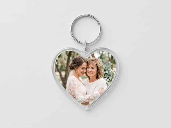 Heart keychain with a photo of a bride hugging an older woman