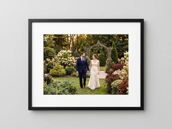 Black framed print of a bride and groom walking through a green garden