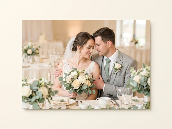 Metal print of a bride and groom in a gray suit embracing at a reception table