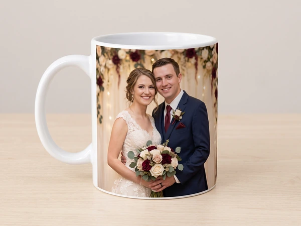 Photo mug printed with a bride holding red and white roses next to her groom