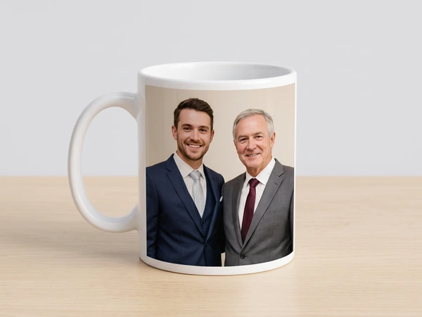 Classic photo mug printed with a groom and his father in suits