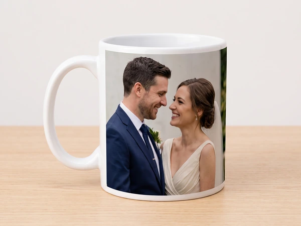 Photo mug printed with a groom and bride smiling at each other