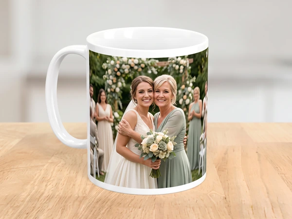 Photo mug printed with a bride and her mother holding a bouquet
