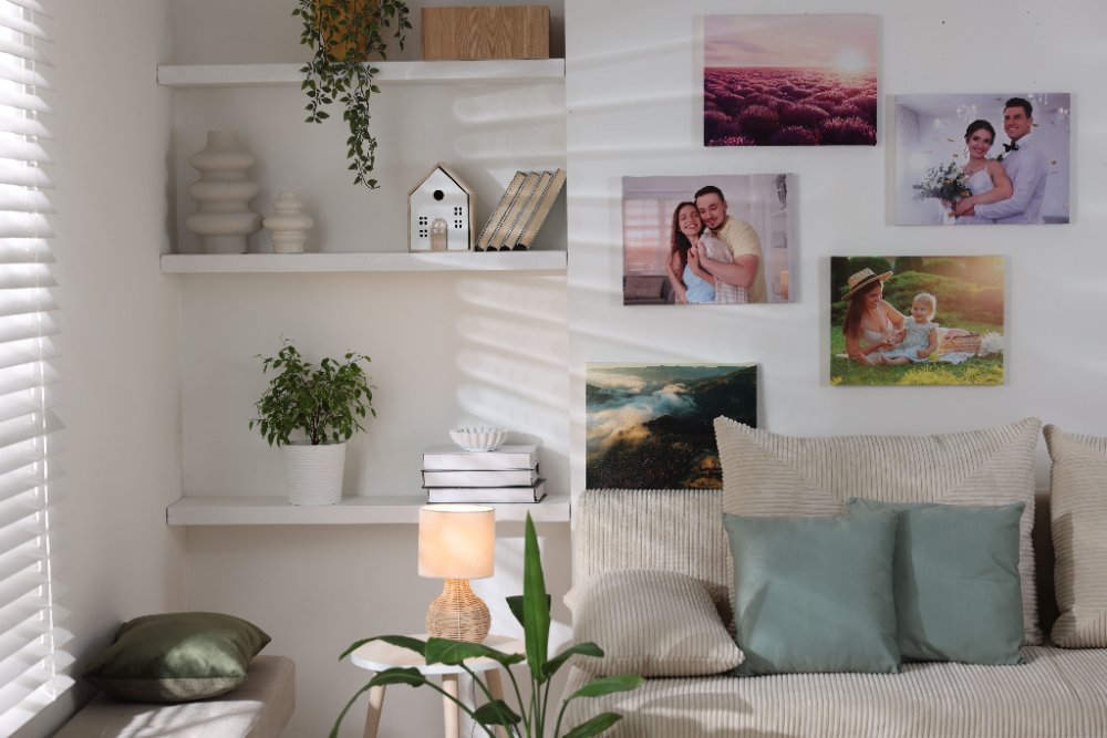 A beautiful photo tile and polaroid wall display in a modern UK home
