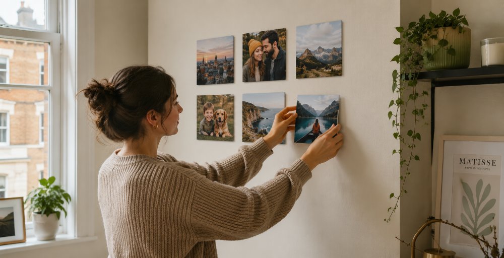 Renter-friendly wall decor using adhesive photo tiles