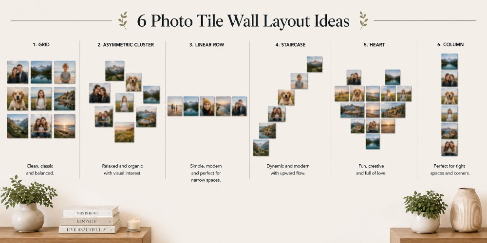 Various photo tile wall layout diagrams and examples