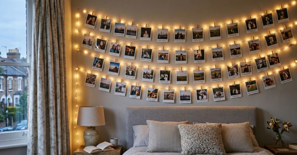 Creative polaroid wall display ideas with fairy lights and washi tape