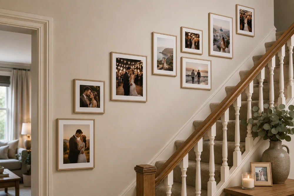 Wedding photo gallery wall on a staircase