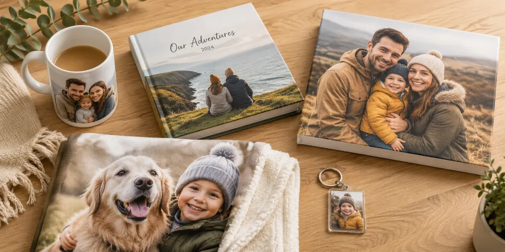 A collection of personalised photo gifts including mugs and prints