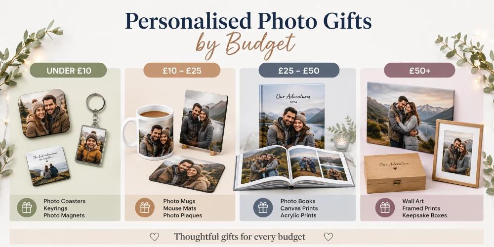 Affordable photo gift options including keyrings and small prints