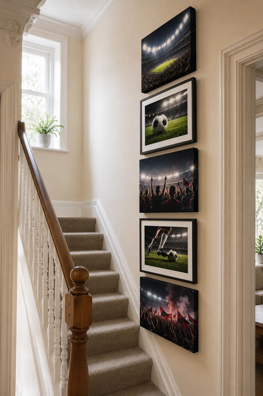 A sports gallery wall arranged in a traditional Victorian terrace alcove