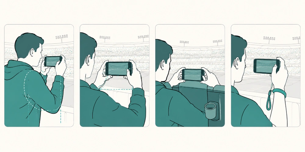 A person holding a smartphone with both hands, elbows tucked in to stabilize a shot at a stadium