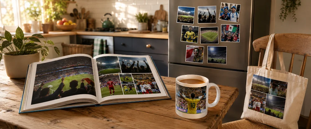 A collection of printed photo gifts including a photo book, mug, and magnets featuring football memories