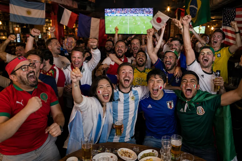 Fans celebrating a goal during a World Cup match
