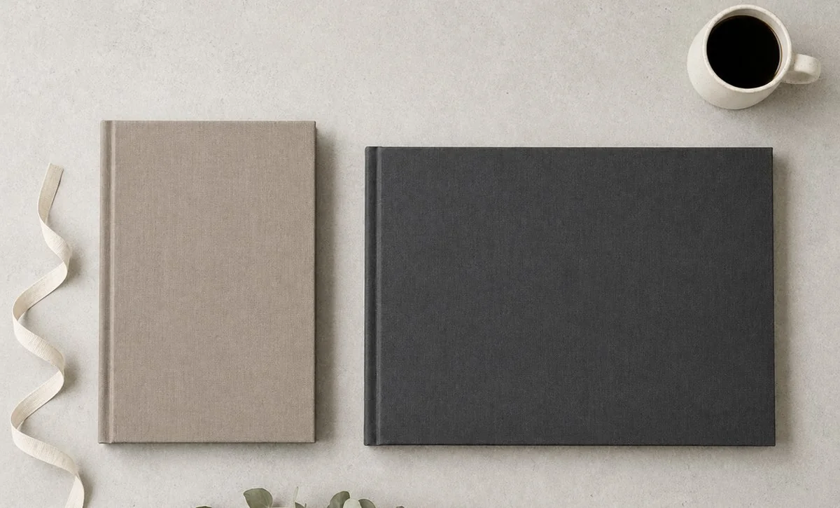 Overhead size comparison of an A4 photo book in portrait and an A3 photo book in landscape — two hardcover linen albums side by side