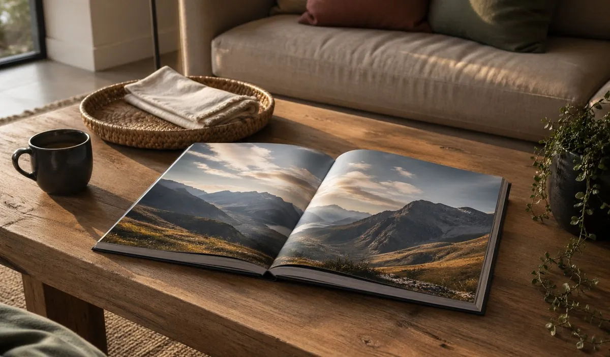Large-format A3 photo book open on a coffee table showing a mountain panorama spread in a cozy living room