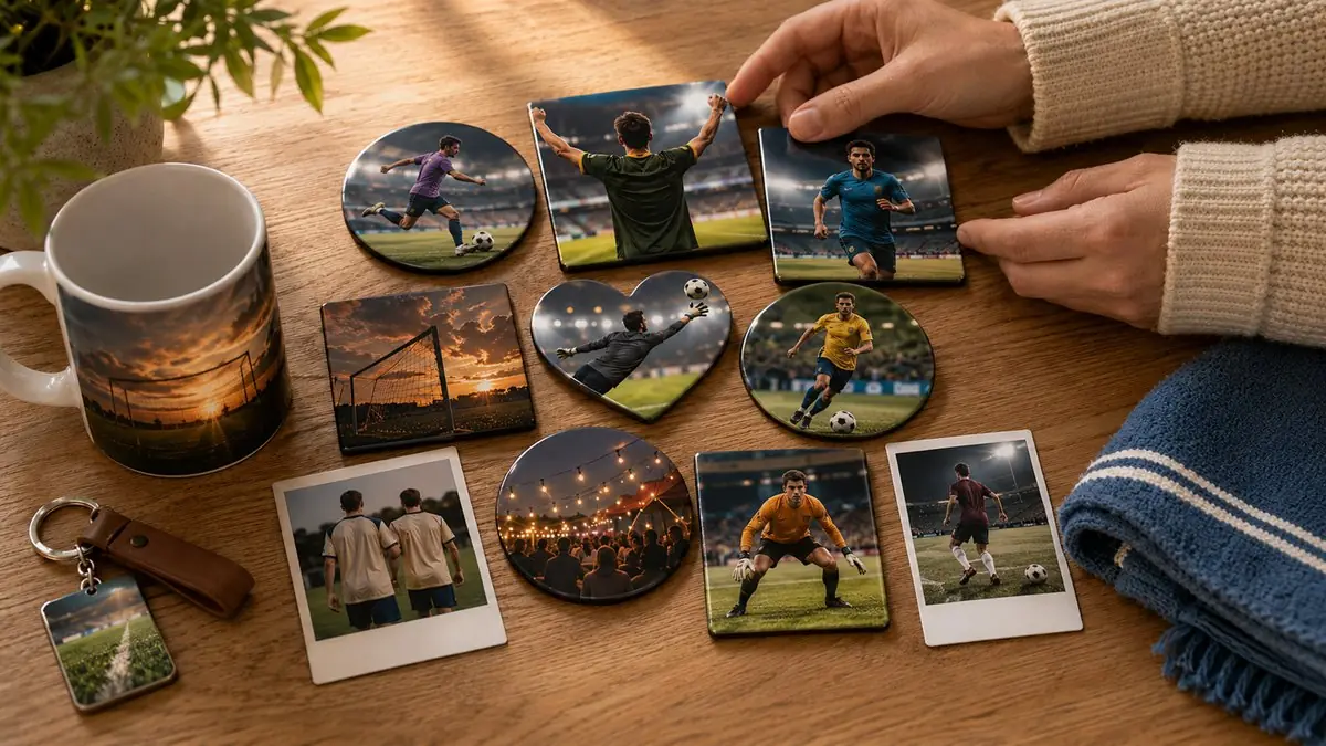 Custom photo magnets with soccer photos paired with a photo mug, keychain, and sports towel as a Championship Summer keepsake set