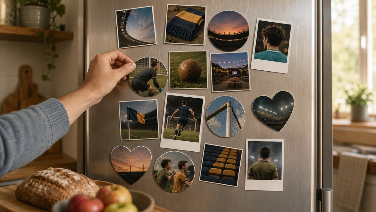 Personalized photo magnets in different shapes featuring summer-of-football photos arranged on a refrigerator door