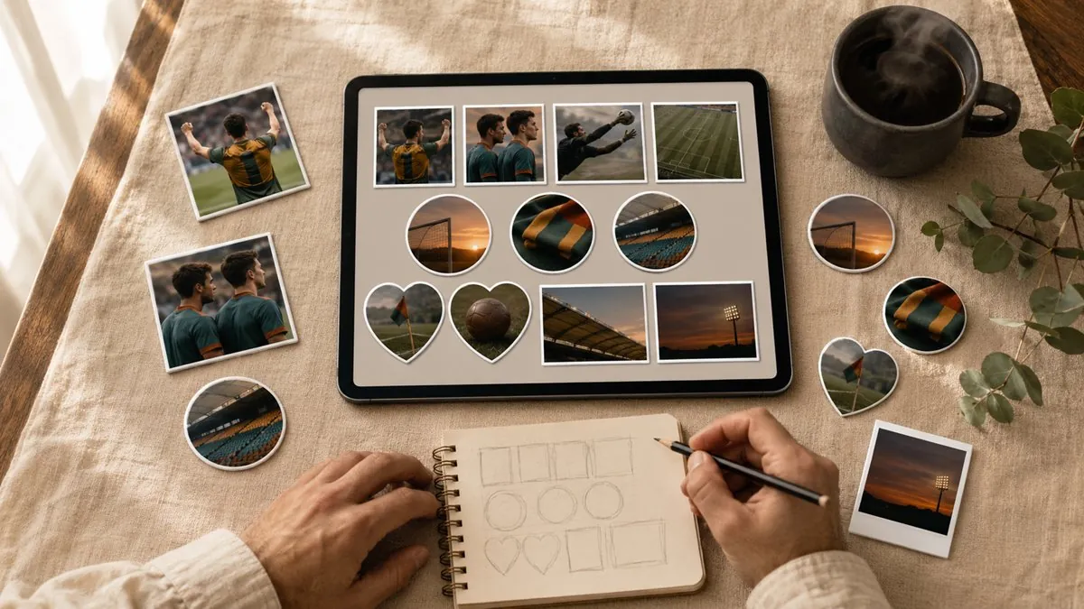 Designing custom photo magnets on a tablet with layout sketches in a notebook
