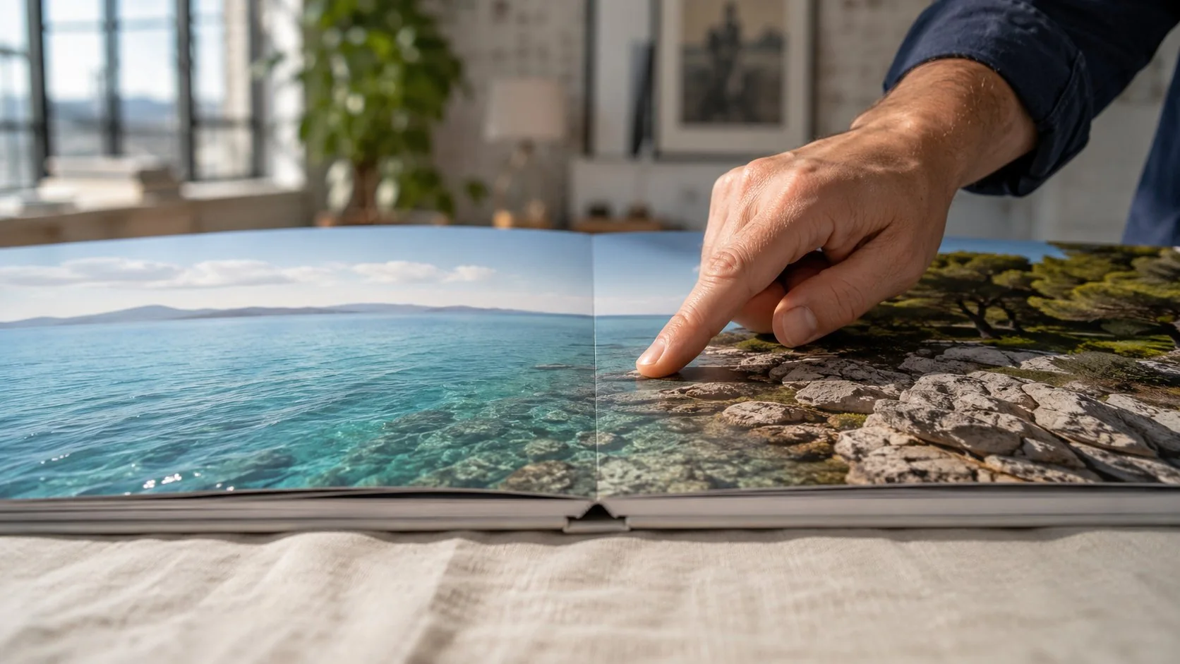 Close-up of a layflat photo book opened flat, showing a coastal seascape with no spine break across the center
